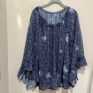 Blue Abstract Print Peasant-Style Top Plus Size XXL+ Bell Ruffle Sleeves